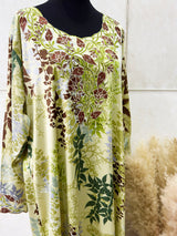 Brown and green floral embroidery mukhawar maxi dress, front view