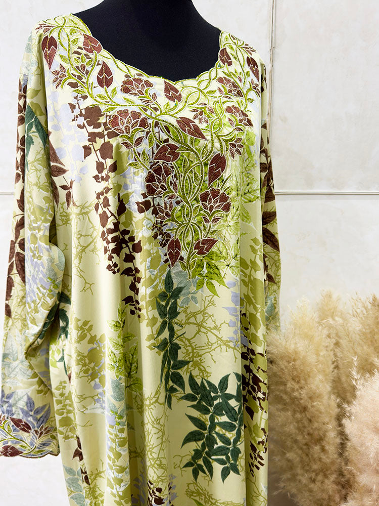Brown and green floral embroidery mukhawar maxi dress, front view