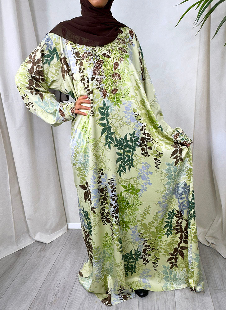 Brown and green satin mukhawar maxi dress full length