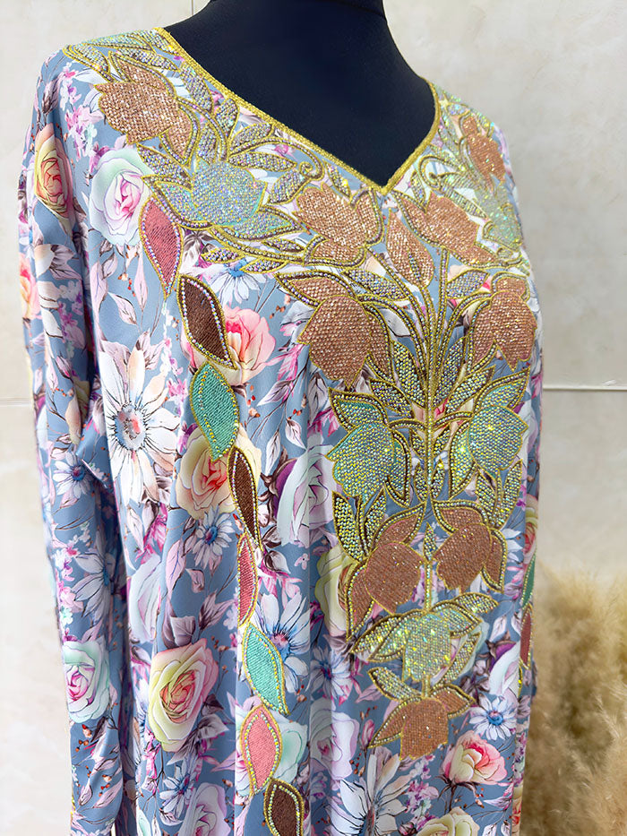 Soft blue crystal embroidery mukhawar maxi dress, front view