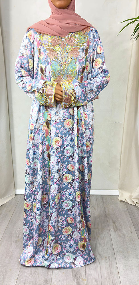 Soft blue mukhawar showing crystal embroidery detail