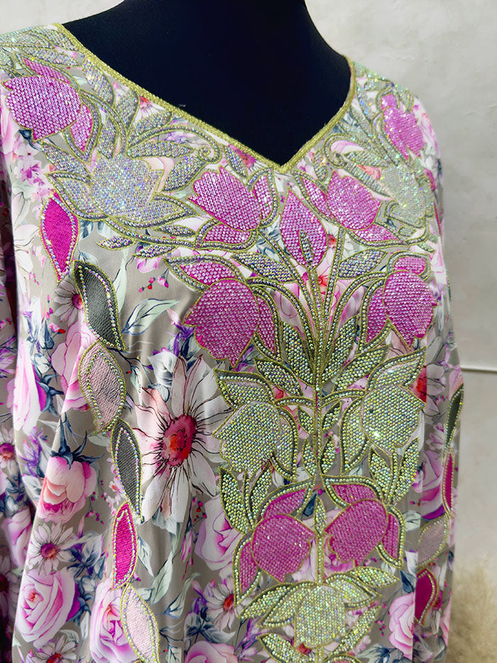 Pale powder crystal embroidery mukhawar maxi dress, front view