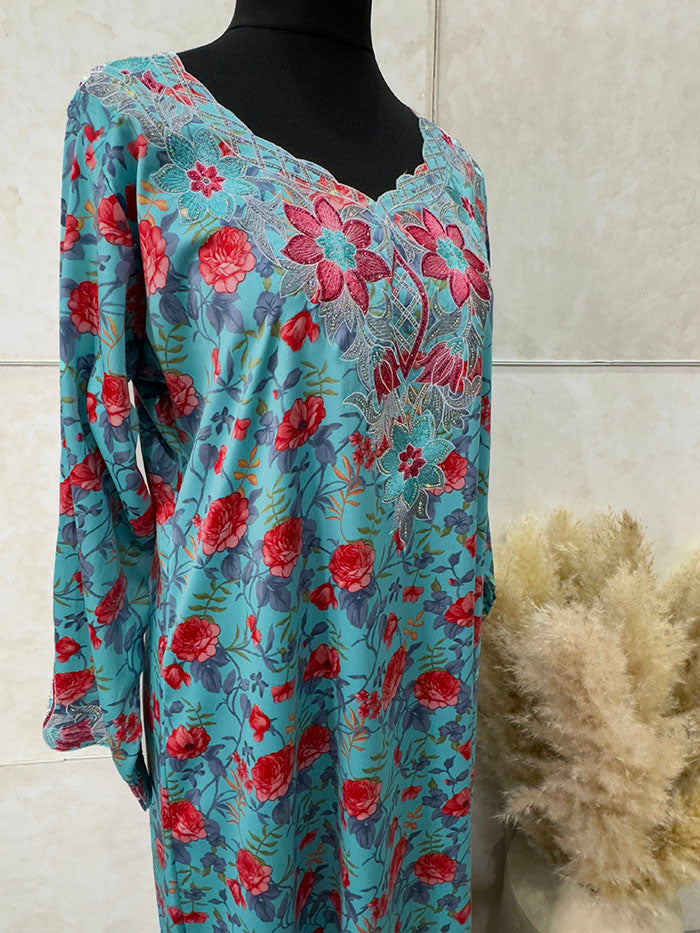 Red and turquoise satin mukhawar maxi dress full length
