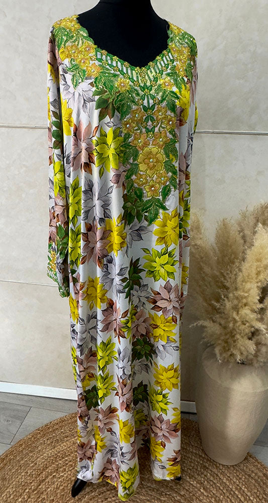 Green and yellow floral embroidery mukhawar maxi dress, front view