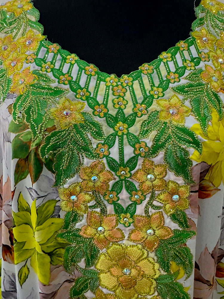 Green and yellow satin mukhawar maxi dress full length