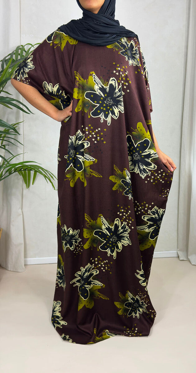 Brown floral cotton baati maxi dress, full-length front view