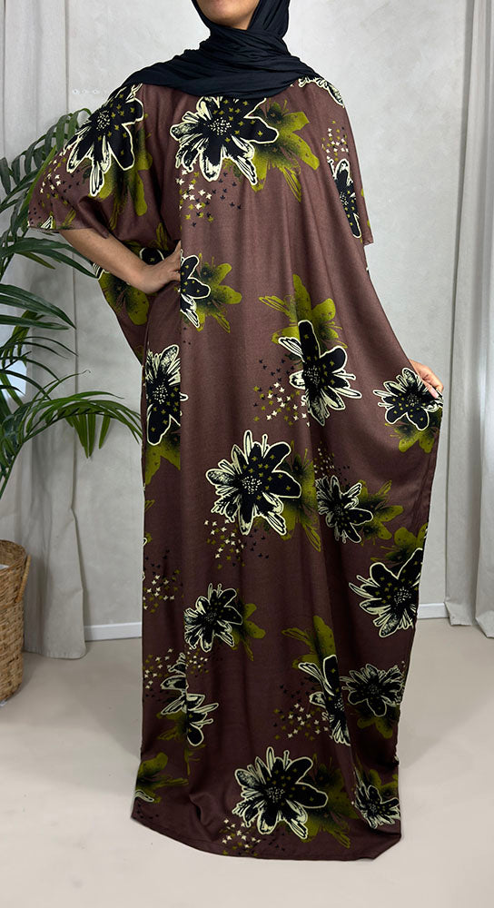 Cocoa brown floral cotton baati maxi dress, full-length front view