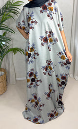 Cool grey floral cotton baati maxi dress, full-length front view
