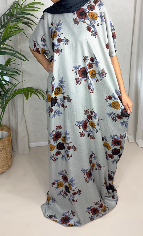 Cool grey floral cotton baati maxi dress, full-length front view