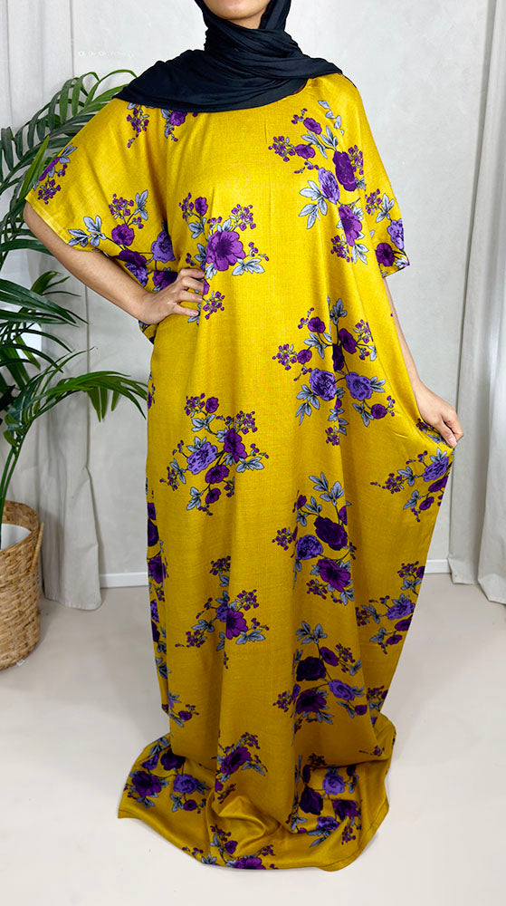 Corn yellow floral cotton baati maxi dress, full-length front view