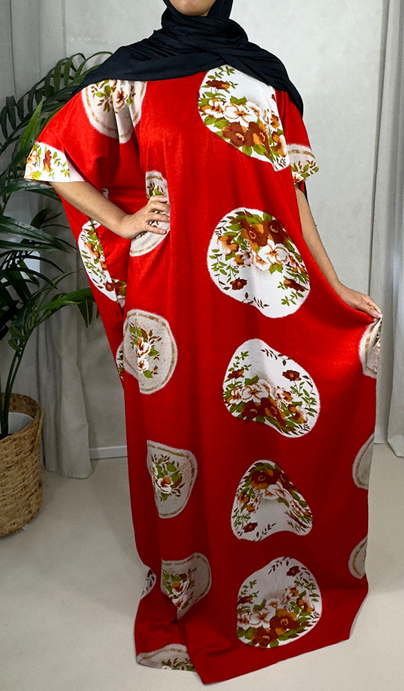 Orange-red floral cotton baati maxi dress, full-length front view