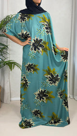 Bright teal floral cotton baati maxi dress, full-length front view