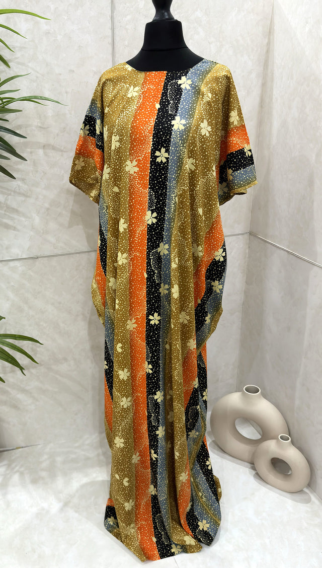 Mustard yellow floral print cotton baati maxi dress, full-length front view
