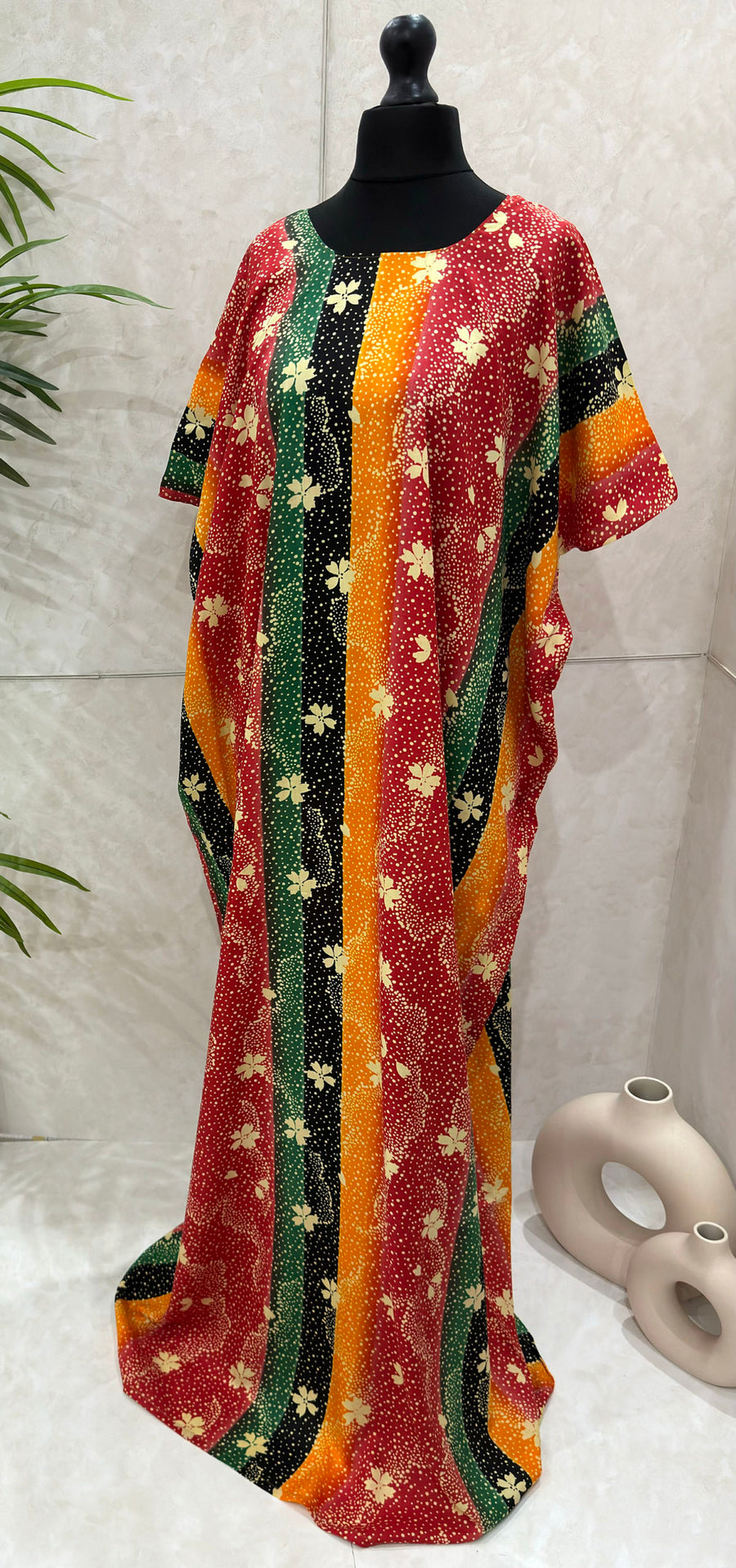 Red floral print cotton baati dress, side view