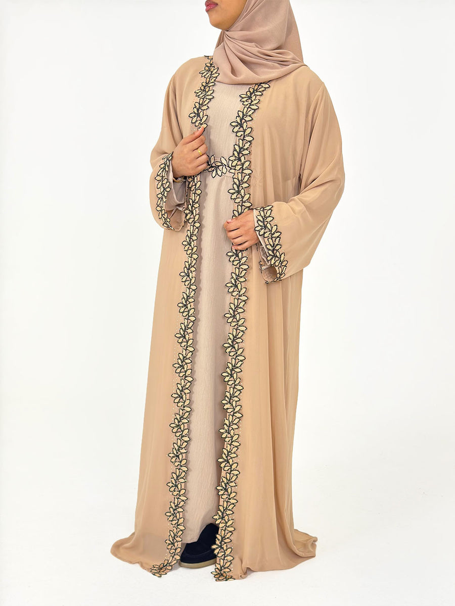 Caramel open chiffon abaya over the inner dress with belt