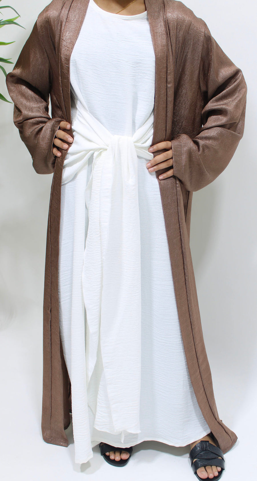 White front-tie inner dress included with the chocolate abaya set