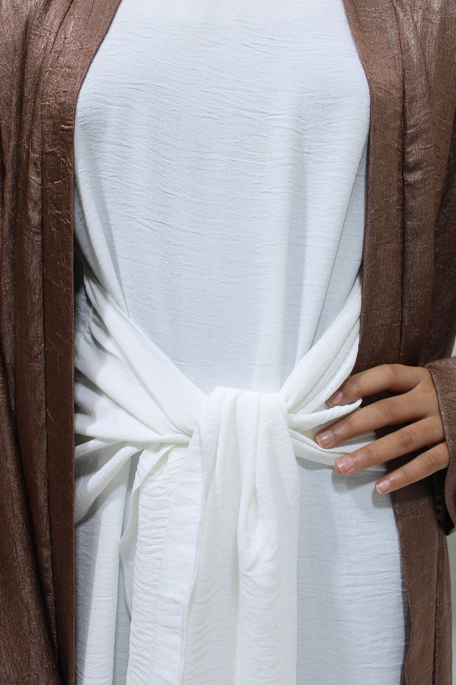 Chocolate open jacket abaya showing the shimmer-textured fabric