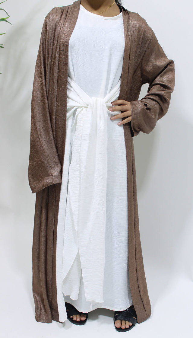 Girl wearing Amani's chocolate open jacket abaya set with inner dress and scarf