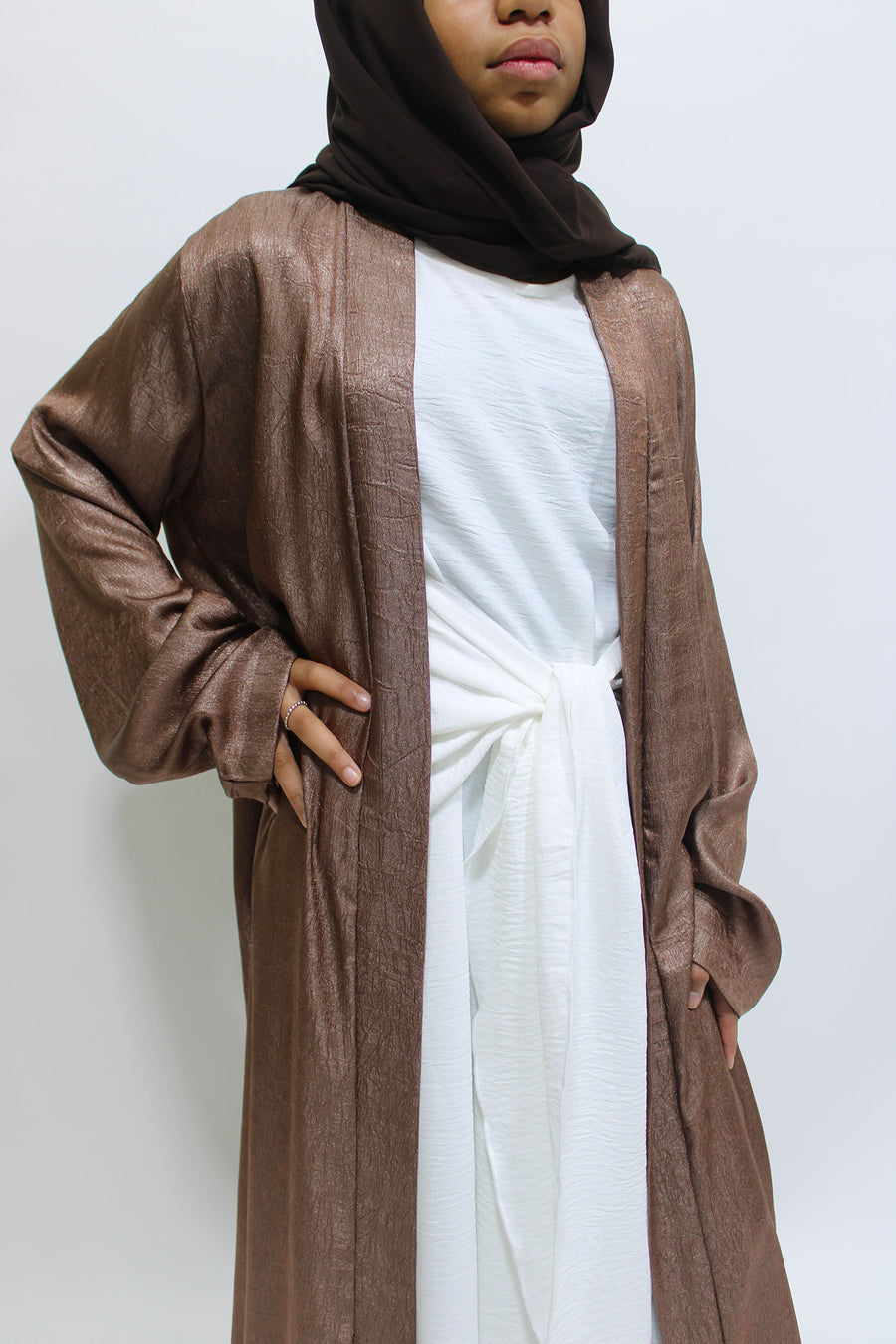 Full-length view of Amani's chocolate girls' open jacket abaya set