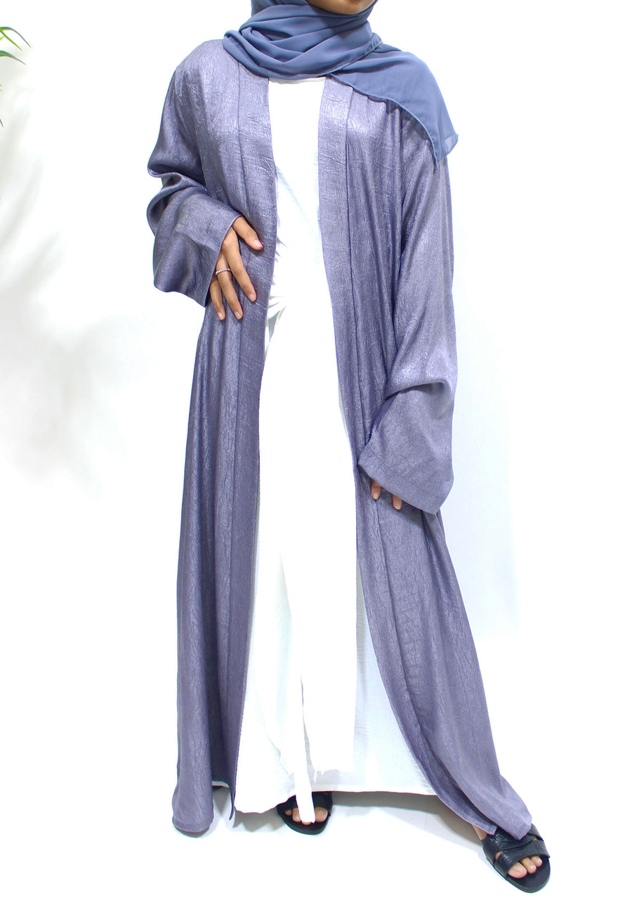 Lilac open jacket abaya showing the shimmer-textured fabric