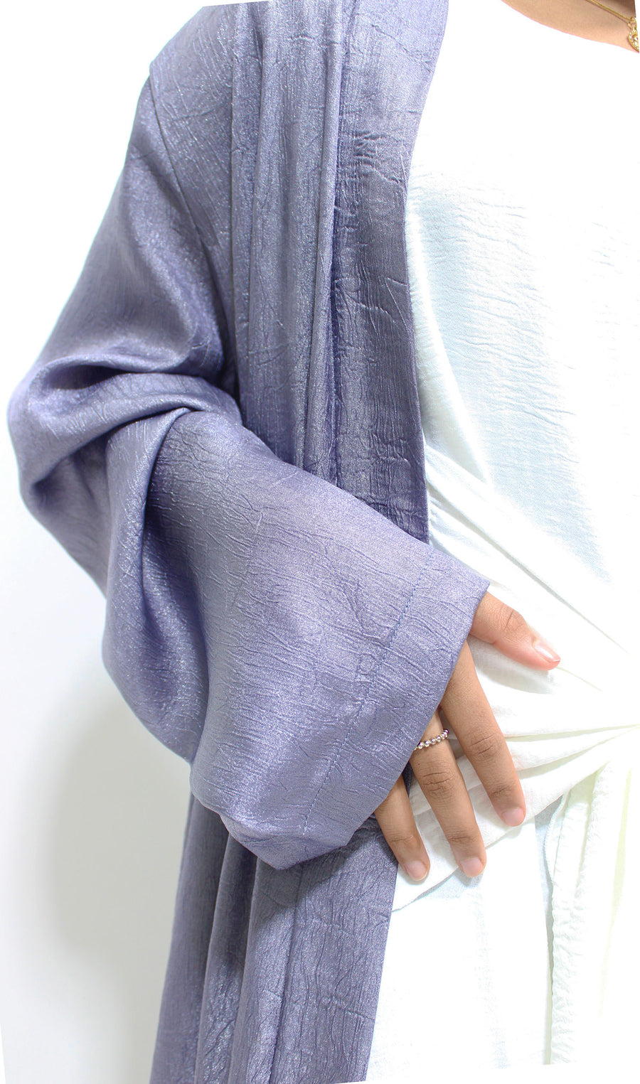 Full-length view of Amani's lilac girls' open jacket abaya set