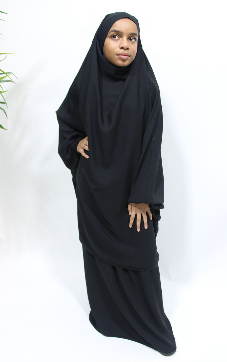Black girls' jilbab and long elasticated skirt set, full-length view