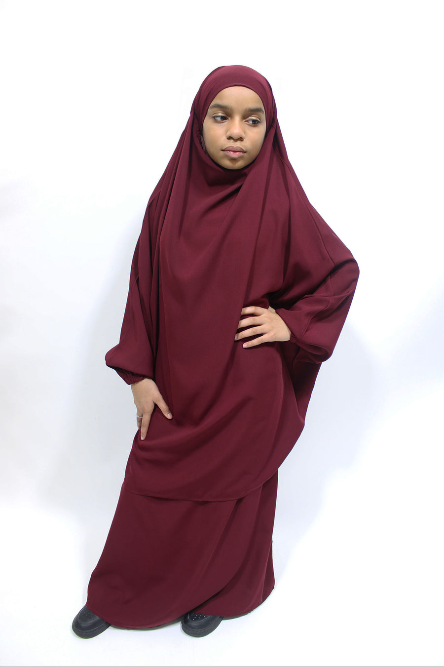 Burgundy girls' jilbab and long elasticated skirt set, full-length view