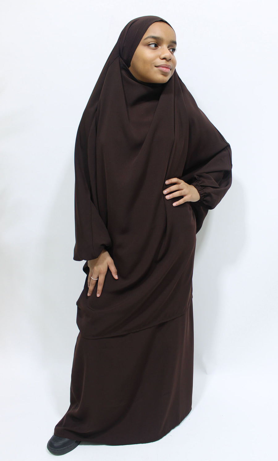 Dark brown girls' jilbab and long elasticated skirt set, full-length view