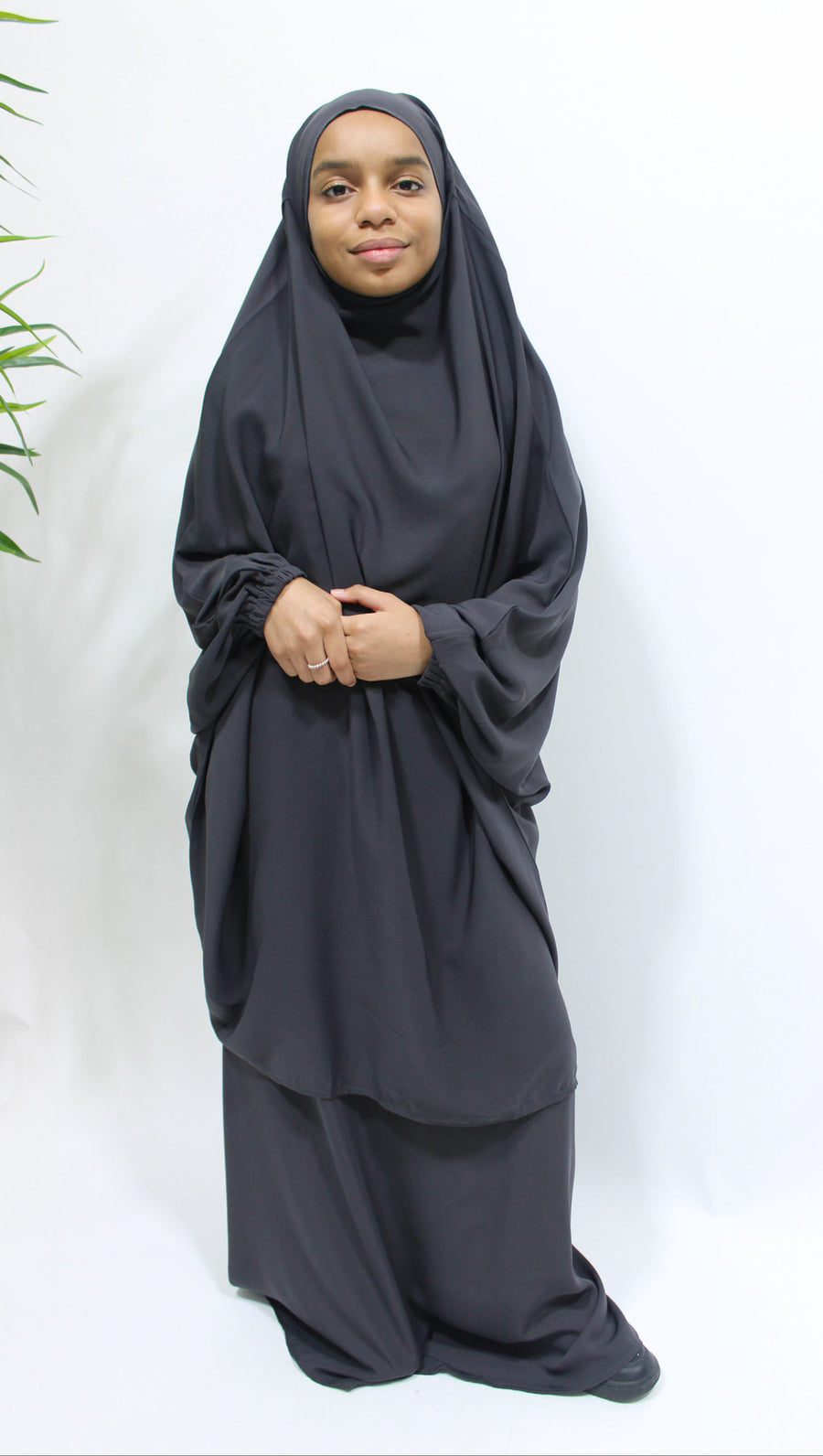 Dark grey girls' jilbab and long elasticated skirt set, full-length view