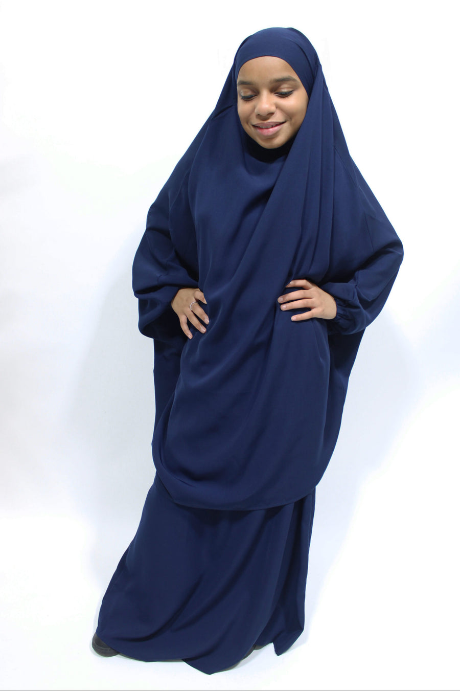 Navy blue girls' jilbab and long elasticated skirt set, full-length view