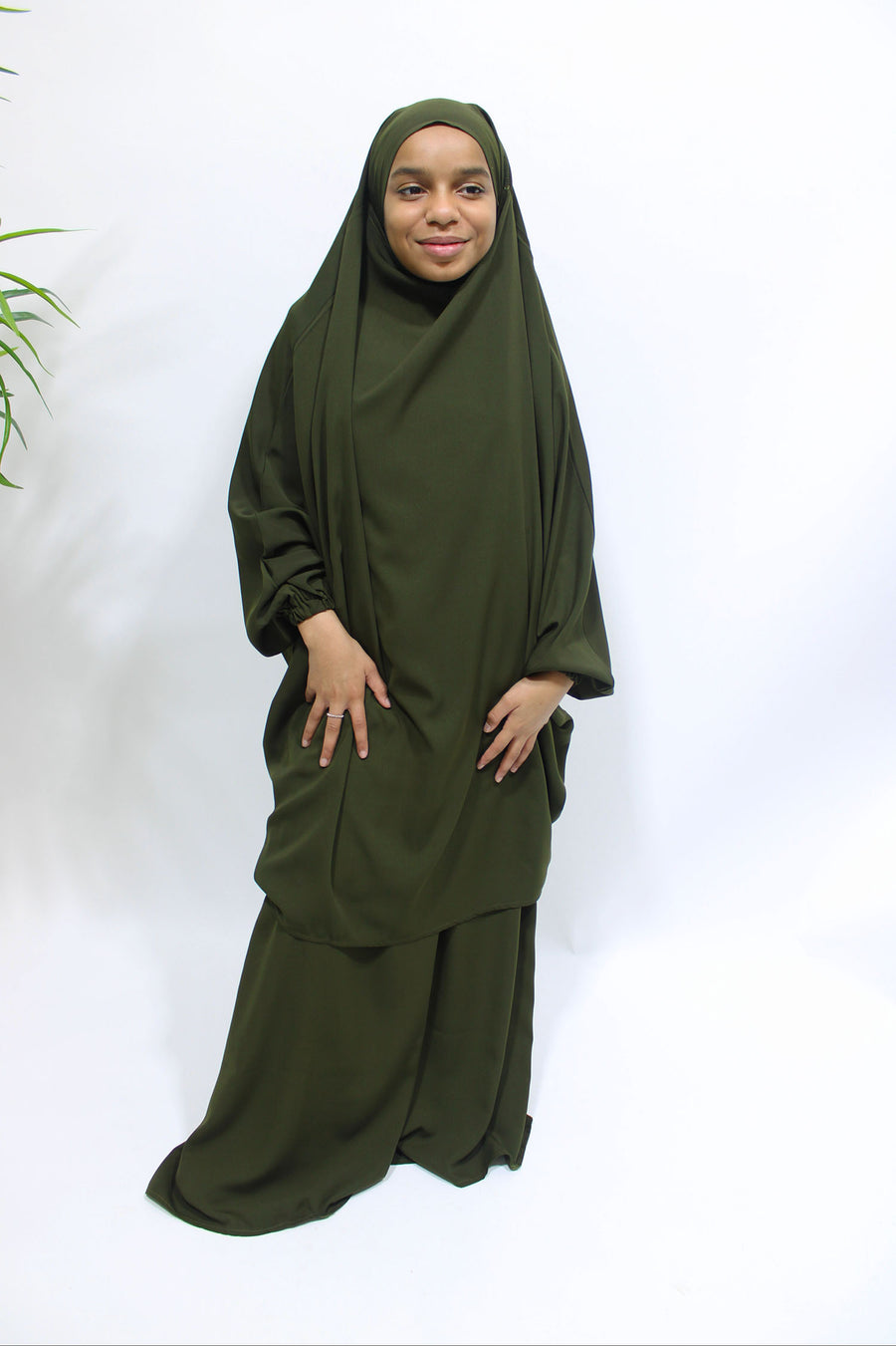 Olive green girls' half-jilbab top with tie-back straps