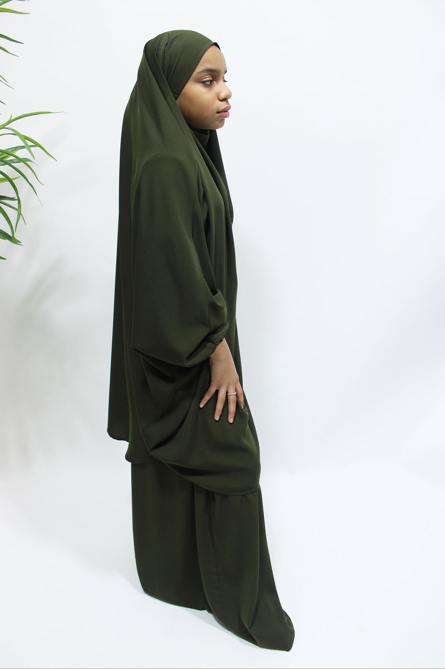Olive green girls' jilbab and long elasticated skirt set, full-length view