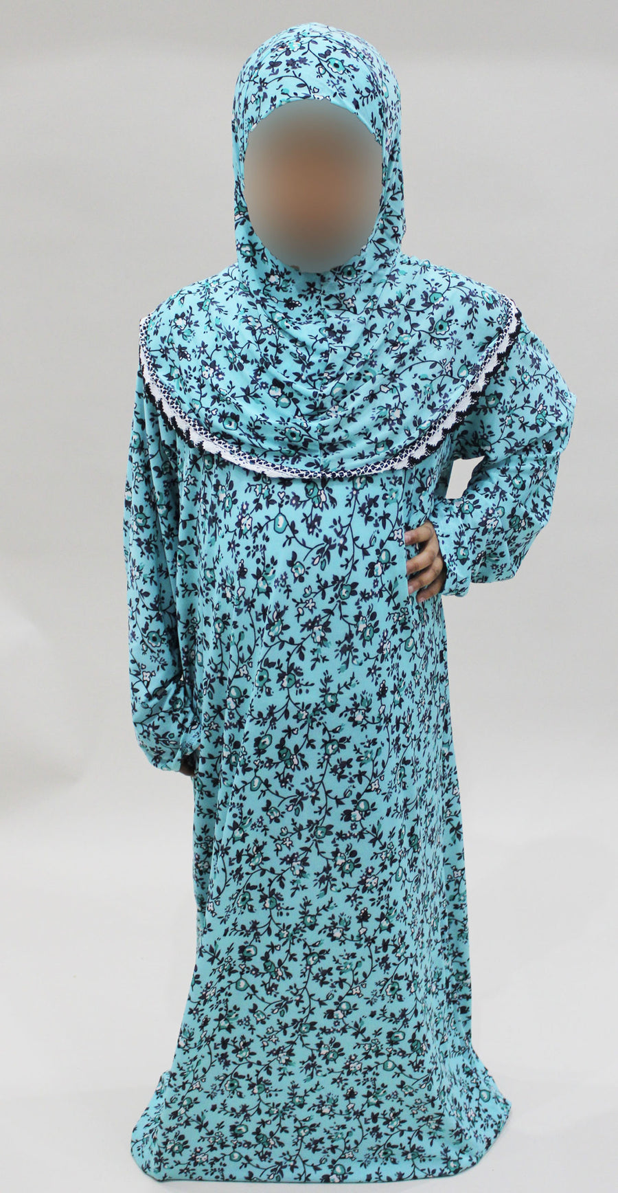 Girls' bright turquoise one-piece prayer dress with attached hijab, front view