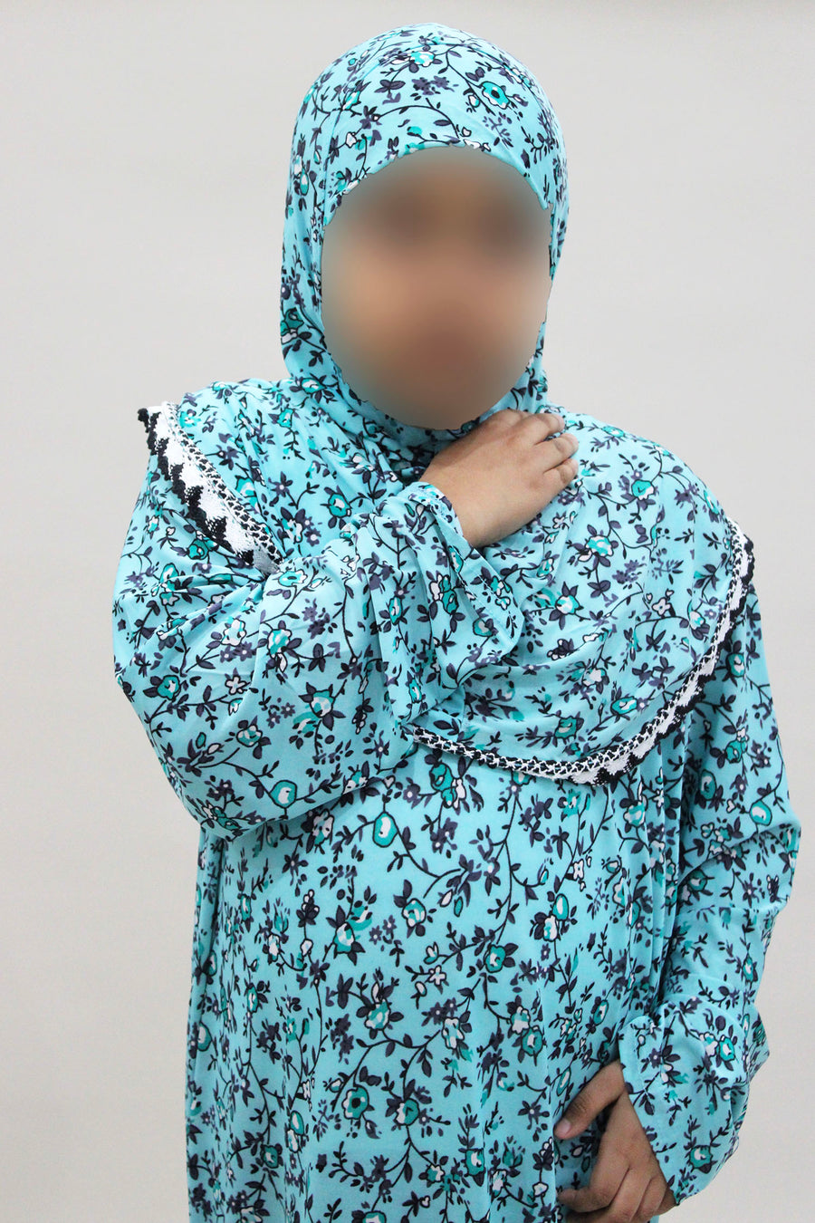Girls' bright turquoise one-piece prayer dress, full-length view