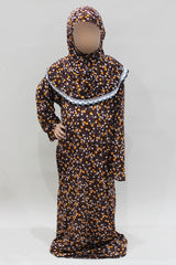 Girls' brown one-piece prayer dress with attached hijab, front view
