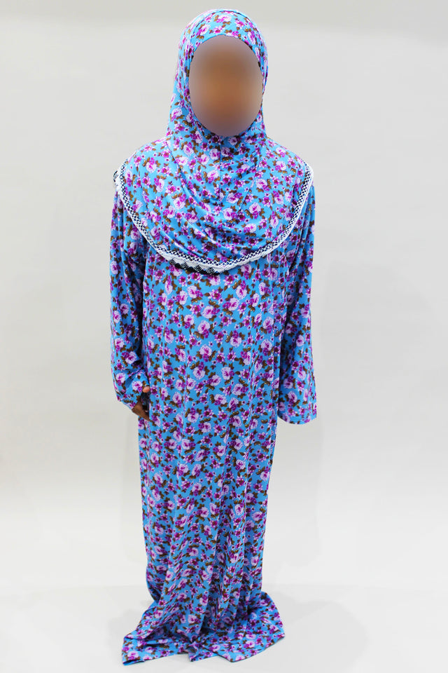 Girls' light blue one-piece prayer dress with attached hijab, front view