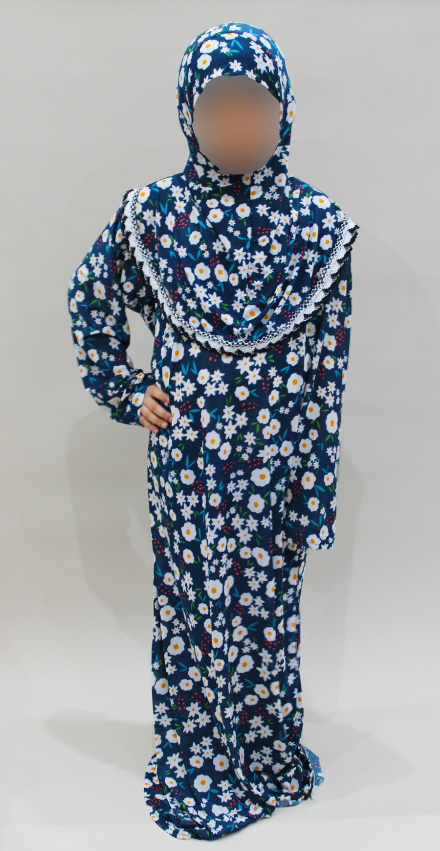Girls' navy floral one-piece prayer dress, full-length view