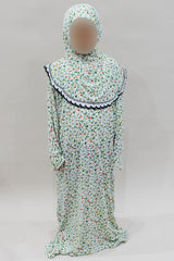Girls' white floral one-piece prayer dress with attached hijab, front view