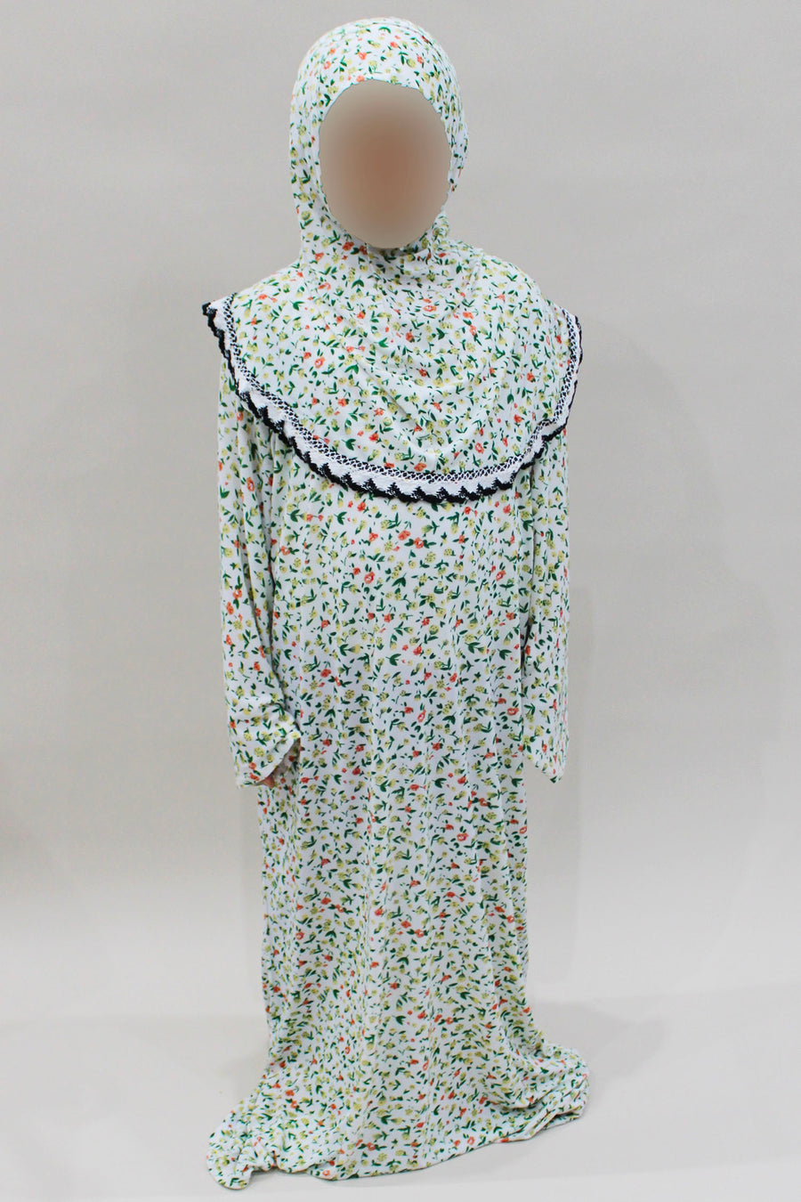 Girls' white floral one-piece prayer dress with attached hijab, front view