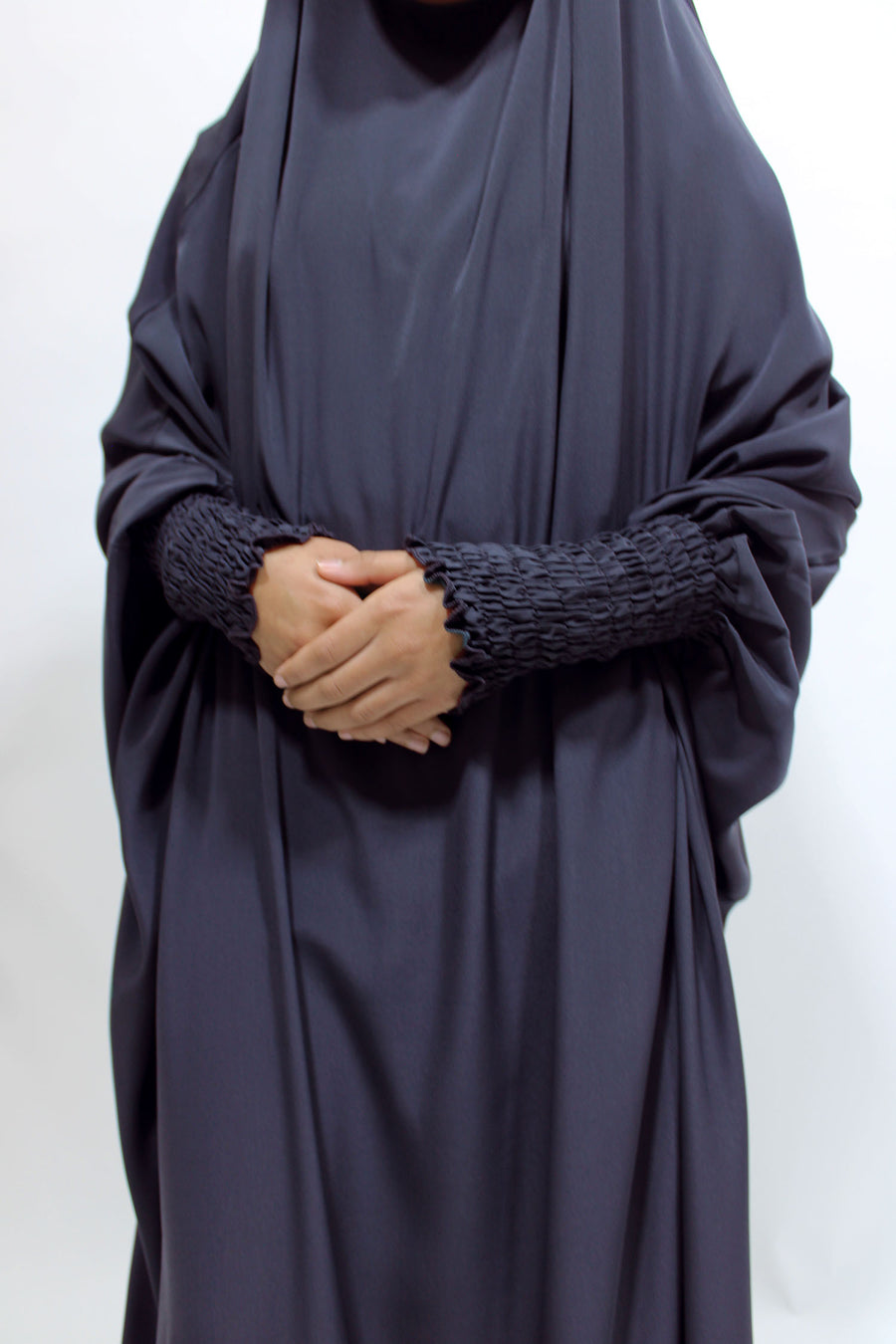 Full-length view of Amani's black girls' ruched cuffs jilbab
