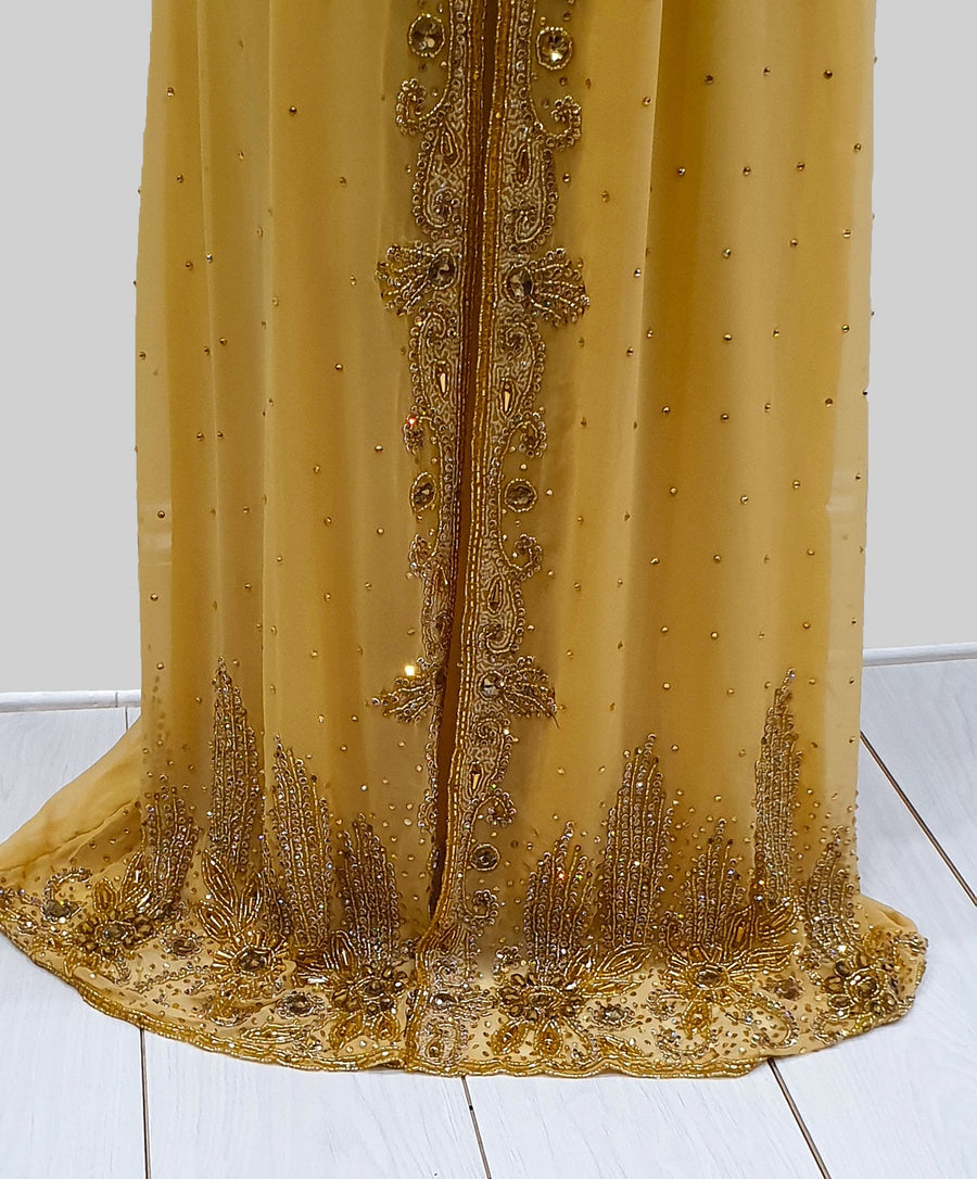 Gold occasion kaftan cape trail back view