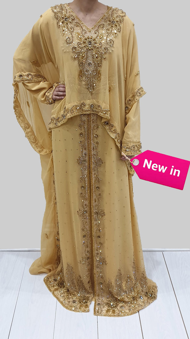 Sabha gold cape beaded Moroccan kaftan front view