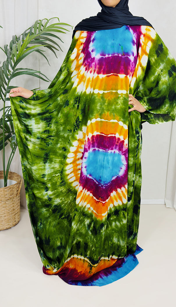 Green tie-dye cotton baati maxi dress showing the relaxed farasha cut