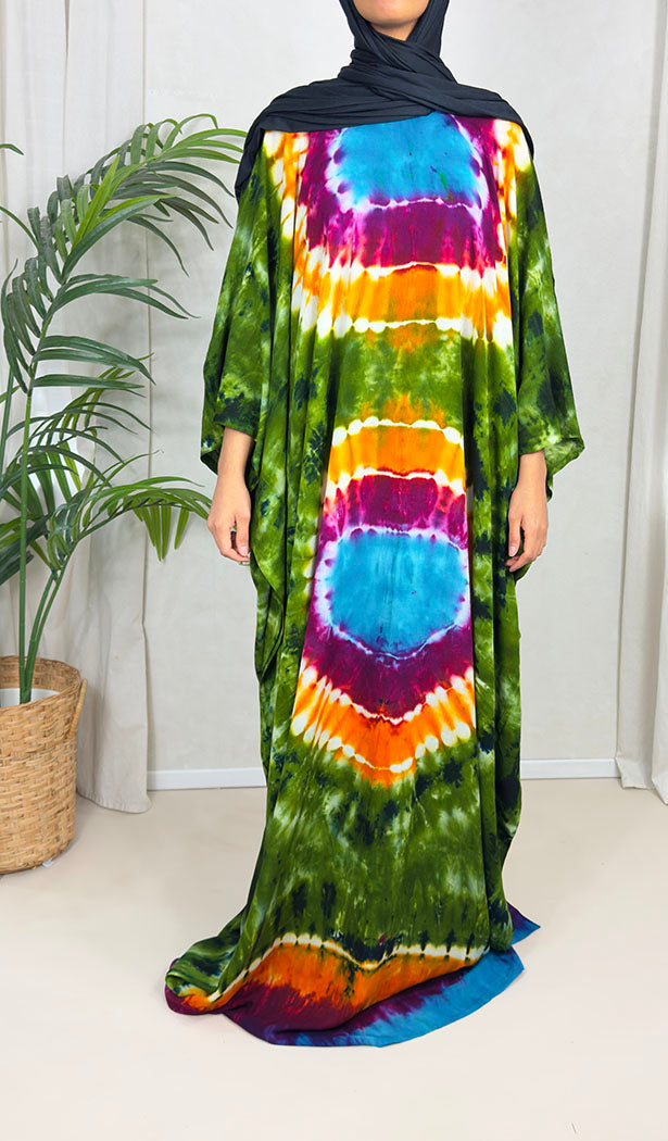 Green tie-dye farasha baati dress in soft cotton, full-length front view