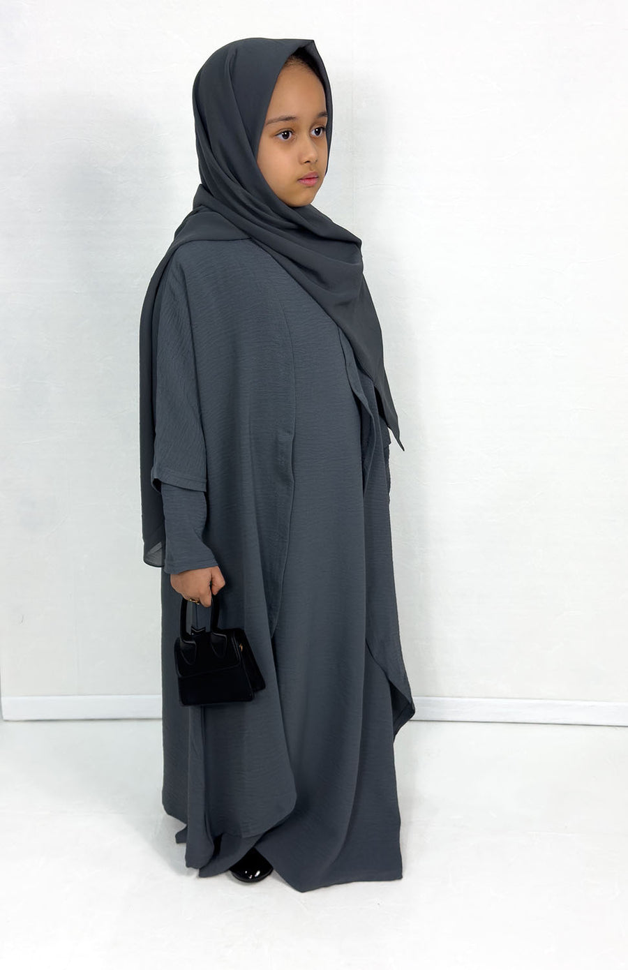 Girls' grey three piece abaya set with matching scarf