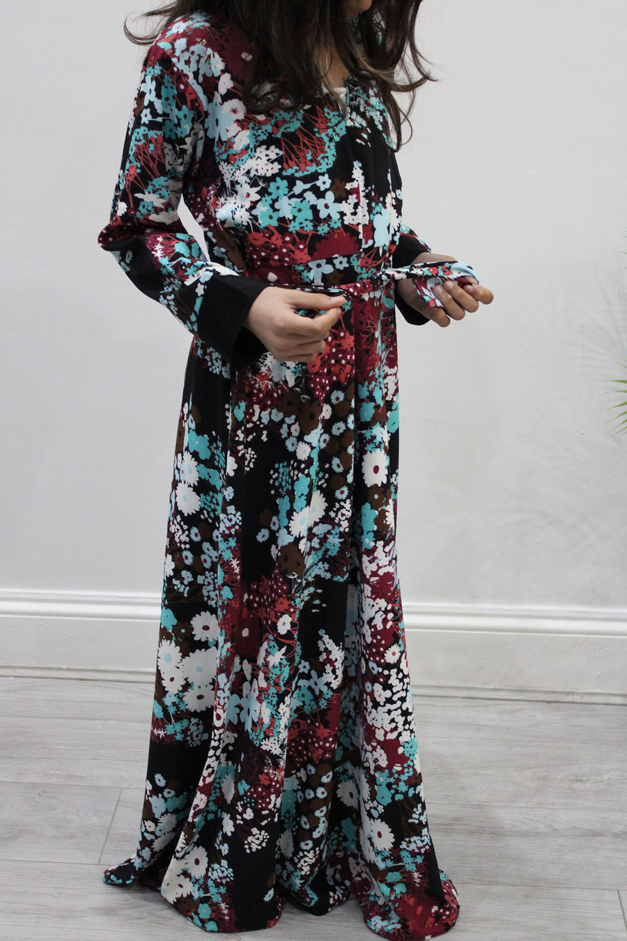Detachable belt detail on burgundy floral kids maxi dress