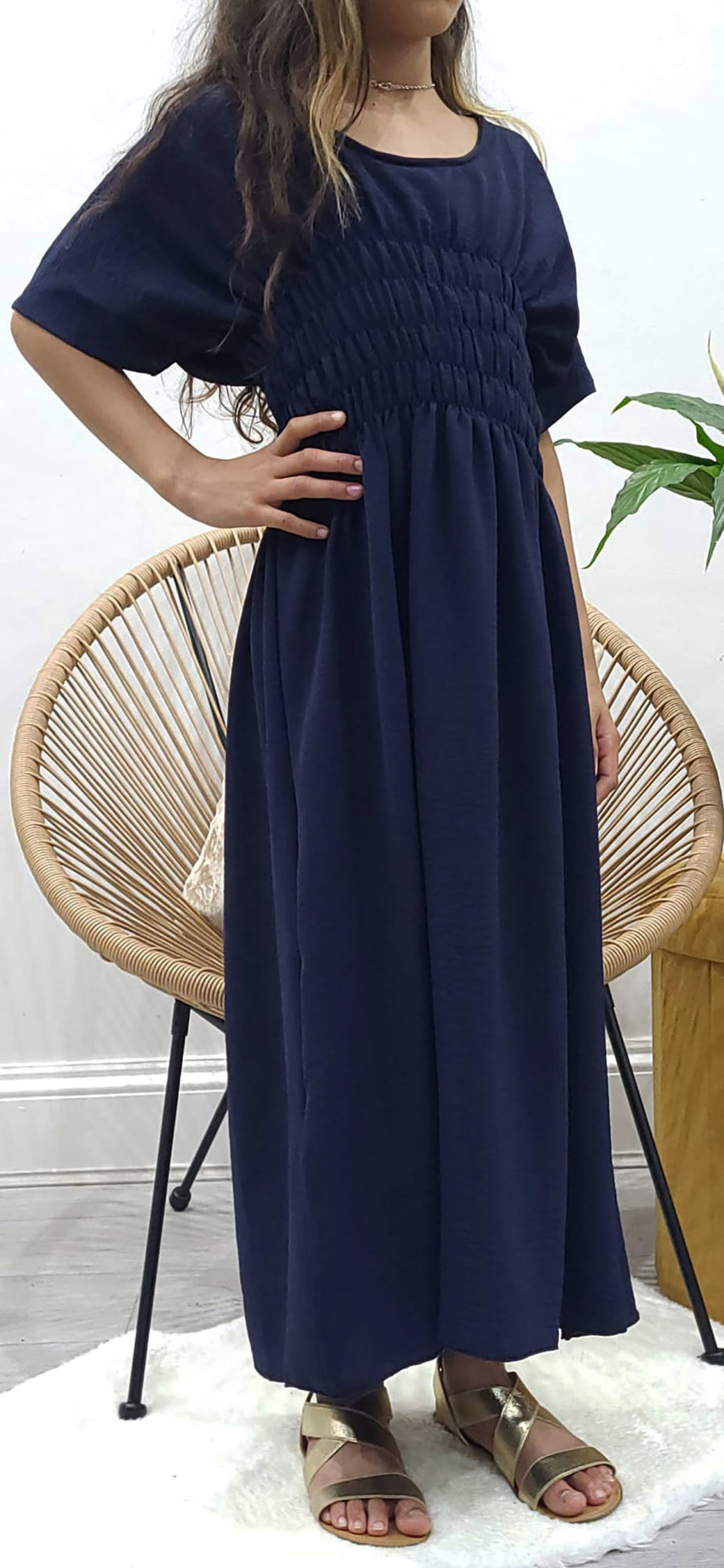 Navy blue jacket-style open abaya over the inner piece