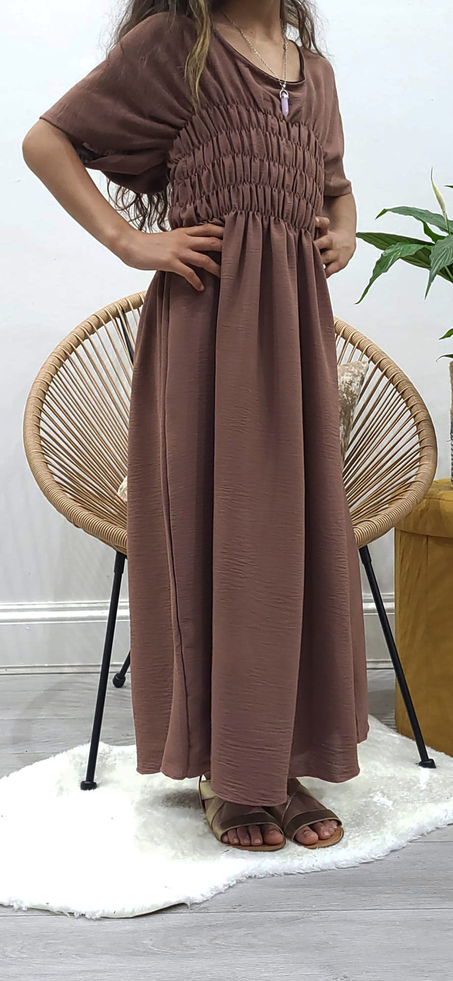 Russett brown jacket-style open abaya over the inner piece
