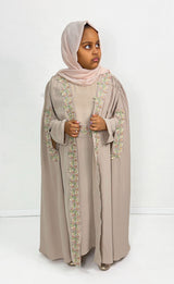 Girls' almond cape abaya set with leaf embroidery, front view