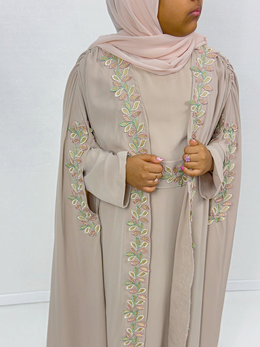 Girls' almond cape abaya set with cape overcoat and scarf
